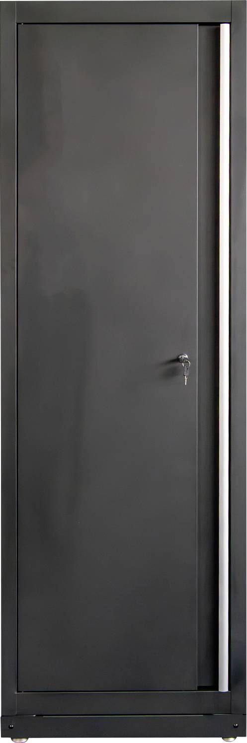Ein hoher, geschlossener Stahlschrank mit schlanker, dunkler Oberfläche und einem Griff, in dem ein Schlüssel steckt, der wahrscheinlich für sichere Aufbewahrung genutzt wird.