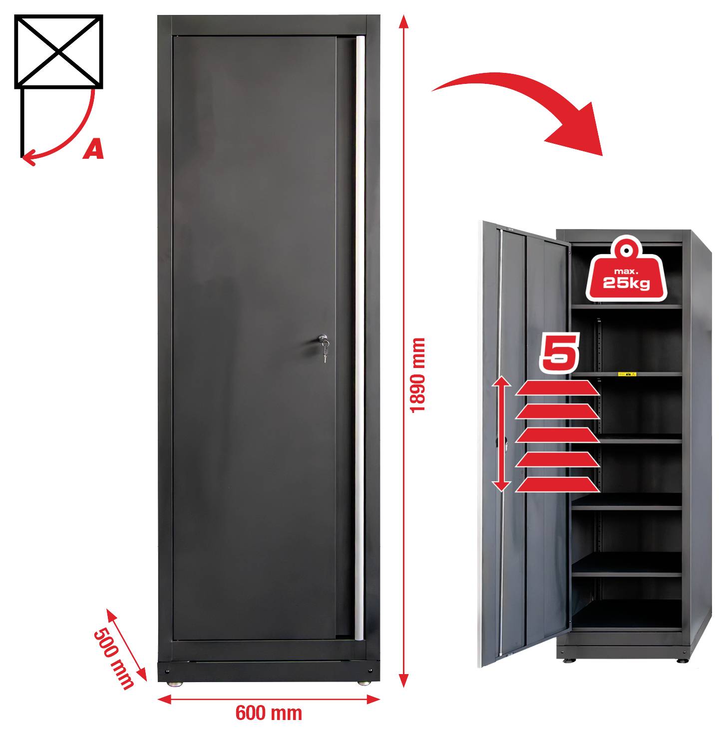 Hoher, grauer Metallschrank mit Abmessungen 600 mm x 1800 mm x 500 mm. Maximale Tragfähigkeit von 25 kg pro Ablage; fünf Einlegeböden im Inneren dargestellt.