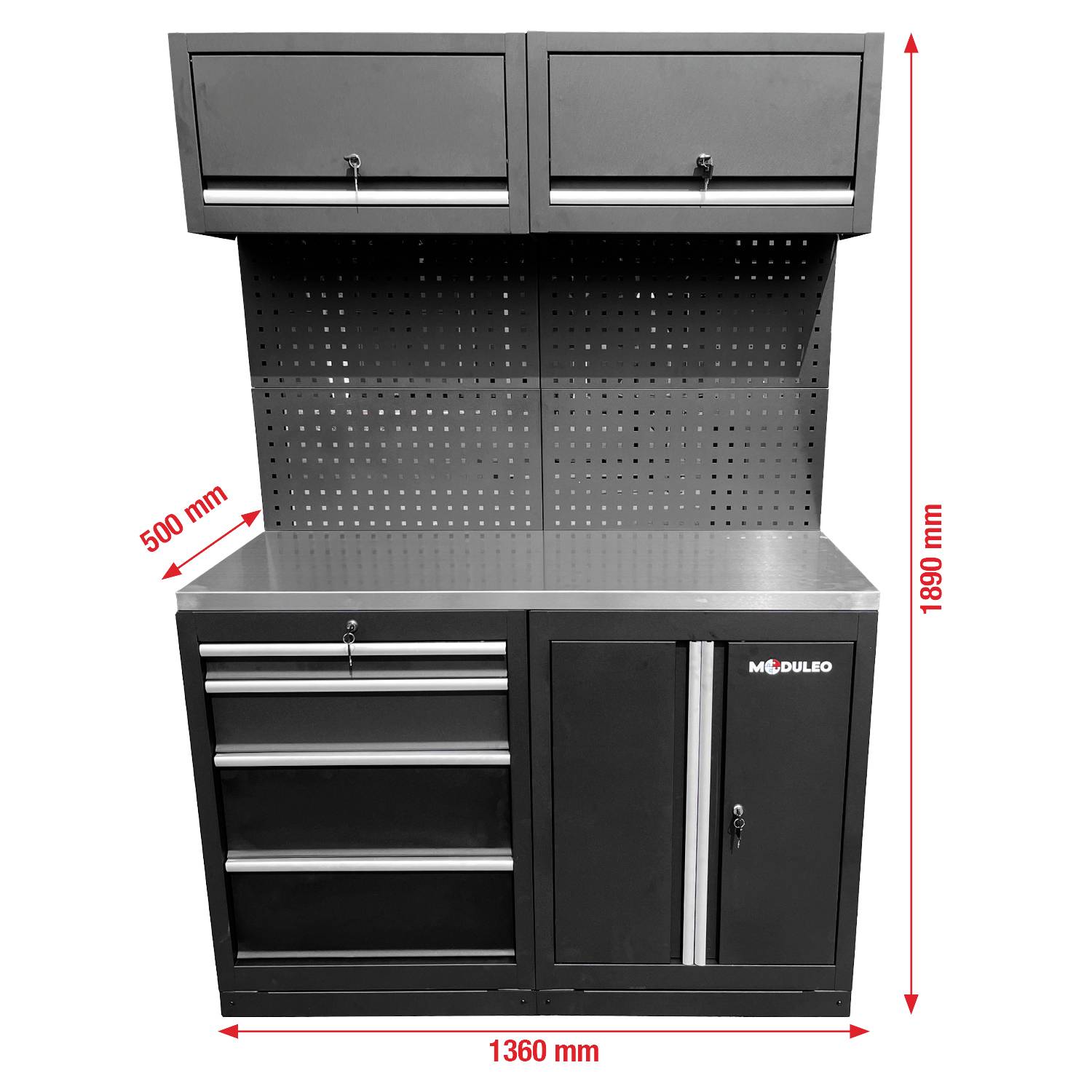 Schwarzer Metallwerkzeugschrank mit vier Schubladen auf der linken Seite, zwei oberen Fächern und einer Tür auf der rechten Seite; Höhe 1890 mm, Breite 1360 mm.