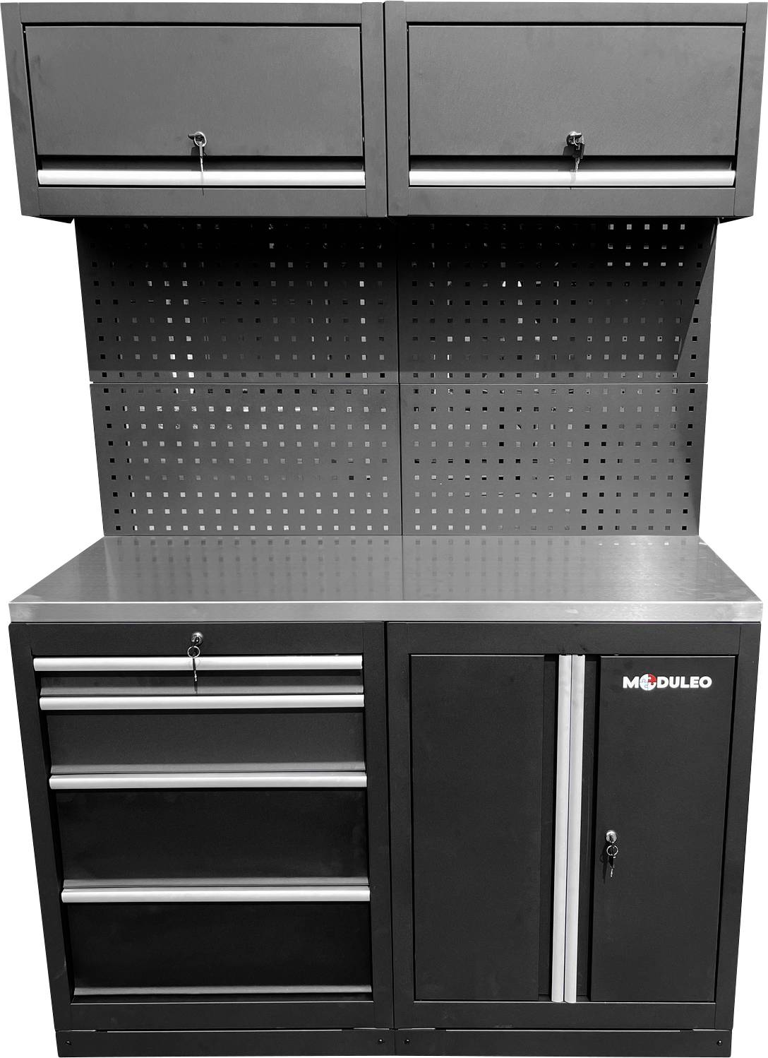 Ein schwarzer Metallwerkzeugschrank mit mehreren Schubladen und Stauraumbereichen, ausgestattet mit einer Lochplattenrückwand zur Organisation.