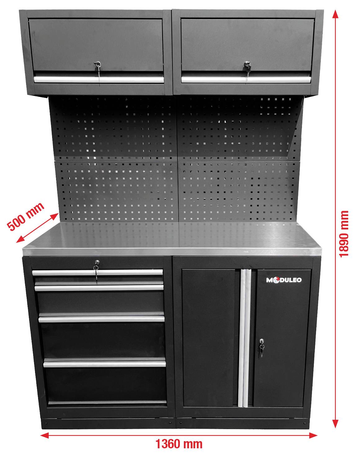 Schwarzer Metallschrank mit Schubladen und Lochplatte, ausgestattet mit zwei oberen Fächern. Abmessungen angegeben mit 1360 mm Breite und 1890 mm Höhe.