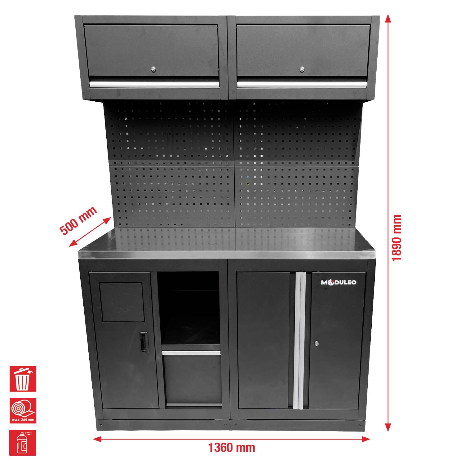 Schwarzer modularer Werkzeugschrank mit zwei oberen Fächern, Lochplattenwand im Rückteil und zwei unteren Stauraumbereichen. Abmessungen: 1890 mm Höhe, 1360 mm Breite, 500 mm Tiefe.