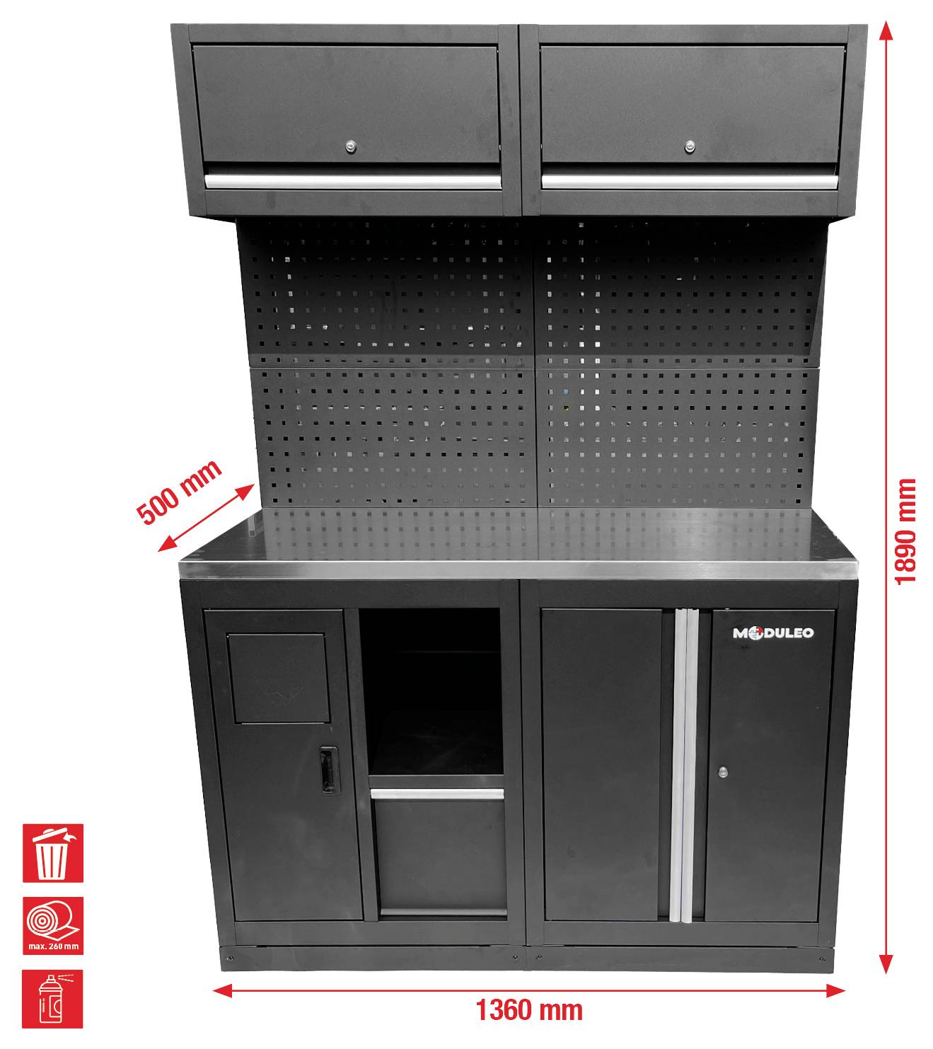 Ein schwarzer Metallwerkzeugschrank mit oberer und unterer Aufbewahrung, gelochter Rückwand und folgenden Abmessungen: Höhe 1890 mm, Breite 1360 mm, Tiefe 500 mm.