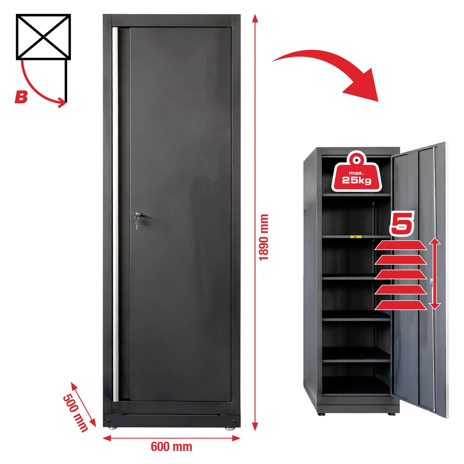 Großer, dunkler Metallschrank mit einer geschlossenen Tür links und einer offenen Tür rechts, die fünf Einlegeböden mit der Beschriftung 