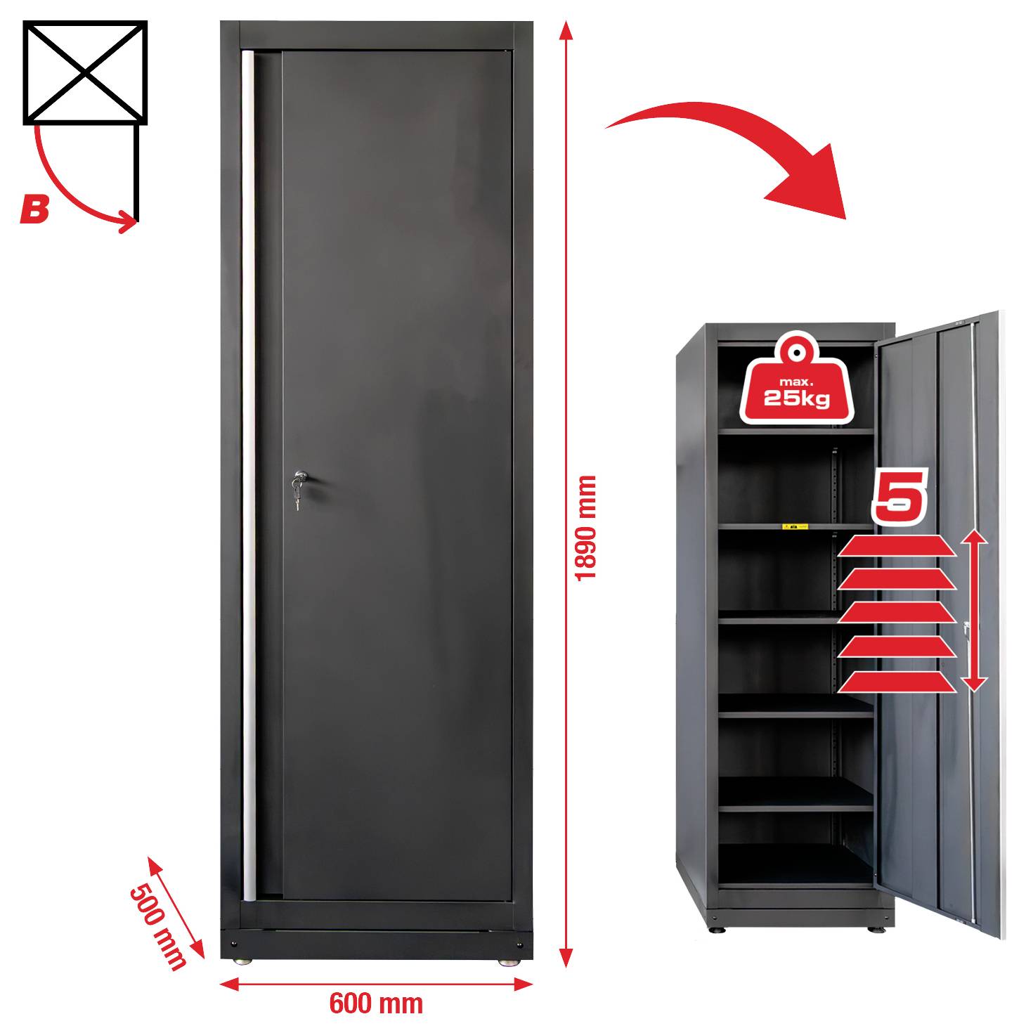 Hoher schwarzer Metallschrank mit einer Tür, Abmessungen 1800mm x 600mm x 500mm. Einblick zeigt 5 verstellbare Einlegeböden mit einer maximalen Tragfähigkeit von jeweils 25 kg.