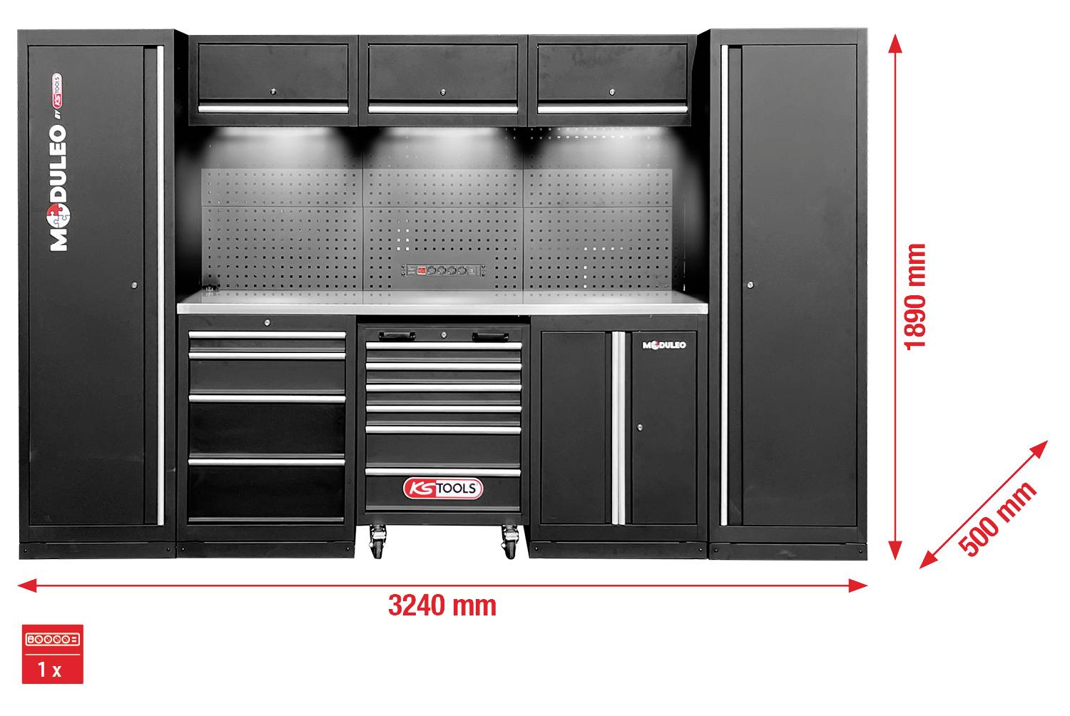 KS Tools 866.6205 Werkstatt-Schranksystem, gerade, 3240 x 500mm (B x H x T) 3240 x 1890 x 500mm