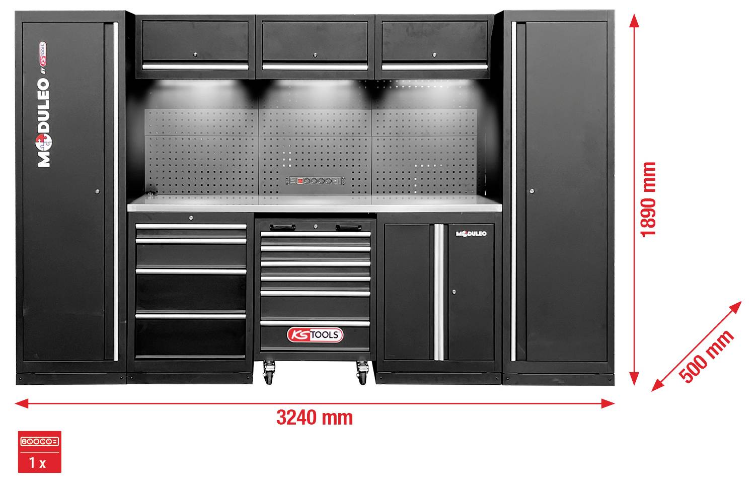 Schwarzes modulares Werkzeug-Lagersystem mit Fächern, Schubladen und Regalen. Abmessungen sind 3240 mm breit, 1890 mm hoch und 500 mm tief.