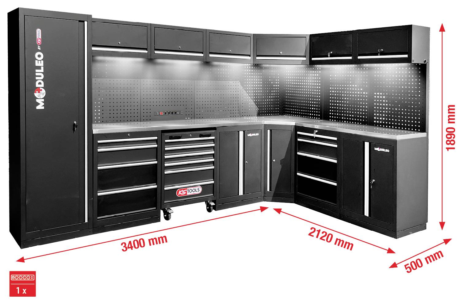 Ein modulares Garagelagersystem mit mehreren Schränken, Werkzeugschubladen und gelochten Rückwandpaneelen. Die Gesamtabmessungen betragen 3400 mm x 2120 mm x 500 mm. Die Höhe beträgt 1890 mm.