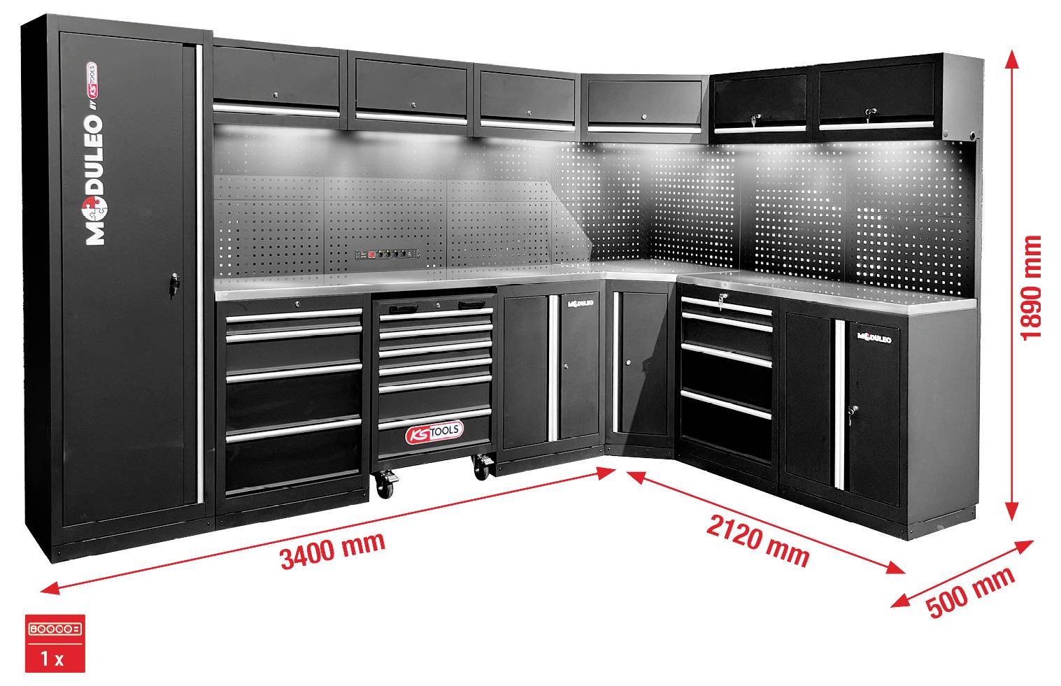 Ein modulares Garagenlagersystem mit schwarzen Schränken und einer Werkbank, die 3400 mm x 2120 mm x 500 mm und 1890 mm hoch misst.