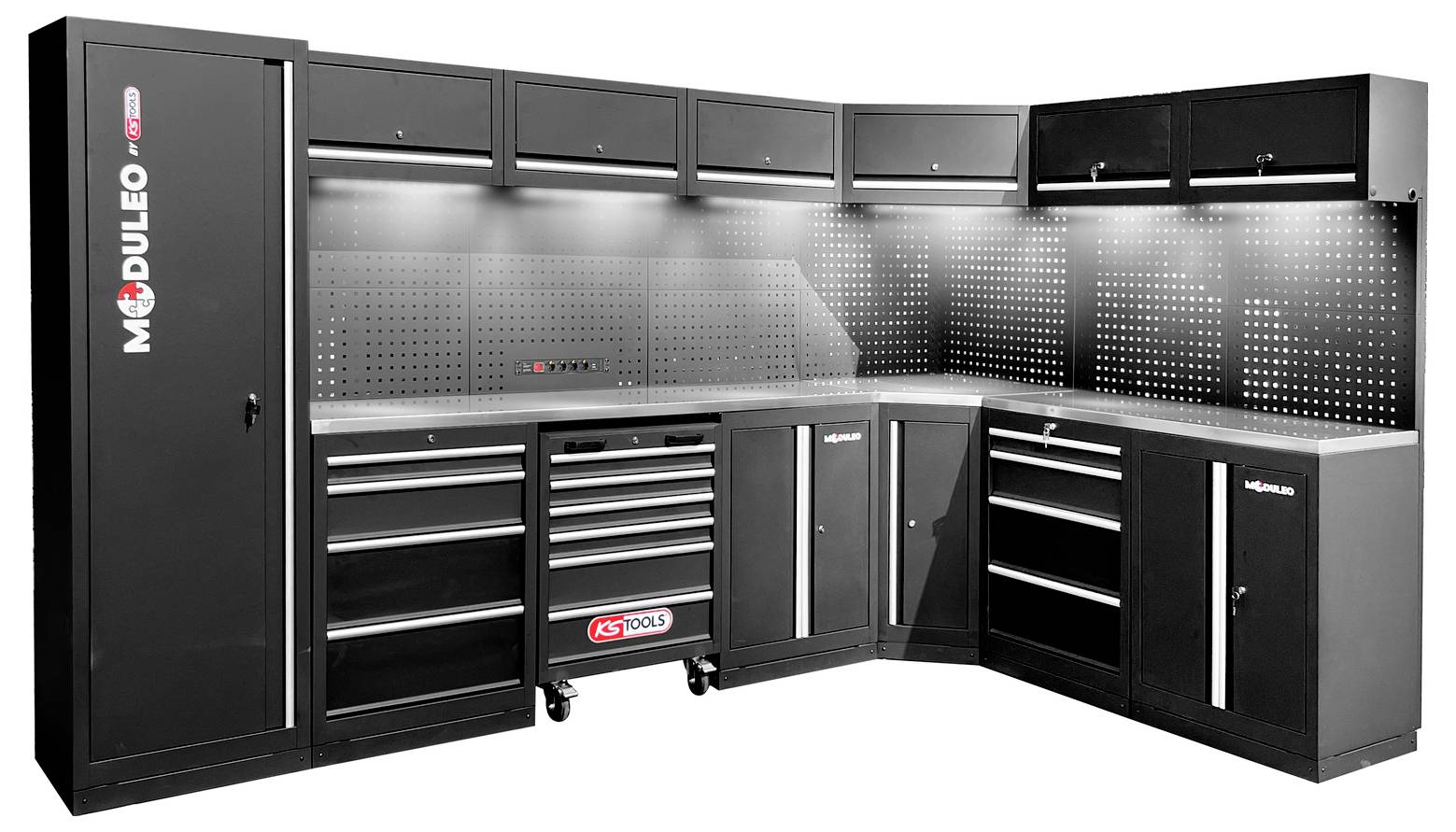 Schwarzes modulares Werkzeug-Lagersystem mit mehreren Schränken, Schubladen und einer Lochplatte zur Werkzeugorganisation, mit den Aufschriften 'MODULEO' und 'ASTOOLS'.