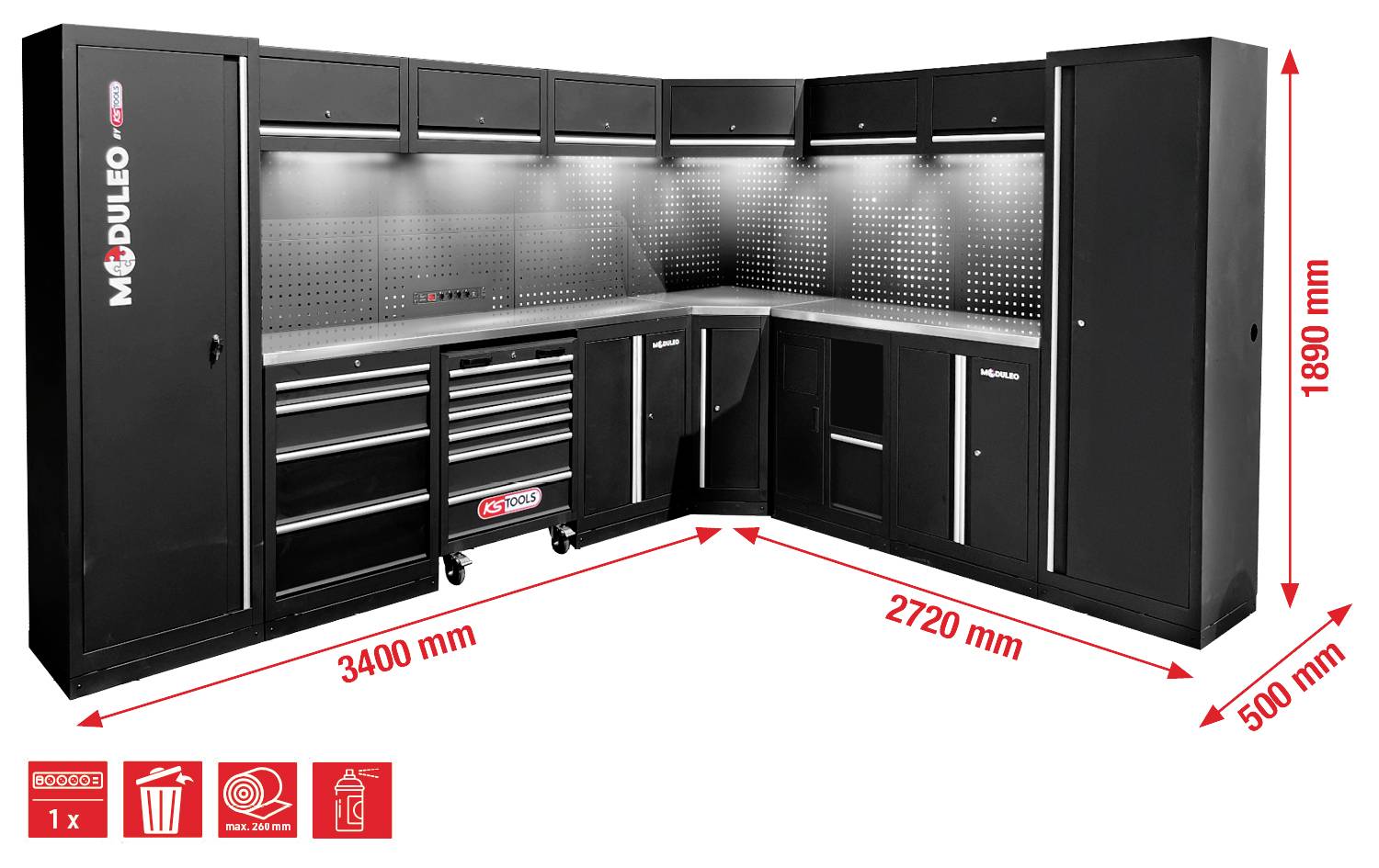 Modulares schwarzes Garage-Lagersystem mit Schränken, Werkzeugschubladen und Lochplatte. Abmessungen sind 3400 mm x 2720 mm x 500 mm x 1880 mm.