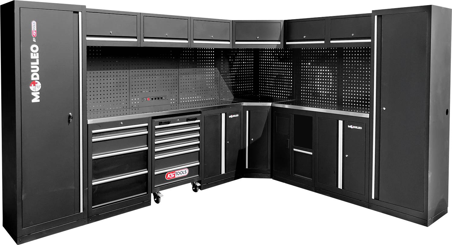 Schlankes schwarzes modulares Garage-Lagersystem mit Schränken, Schubladen und gelochten Rückwänden für Werkzeuge und Organisation. Marke: MODULEO PRO.