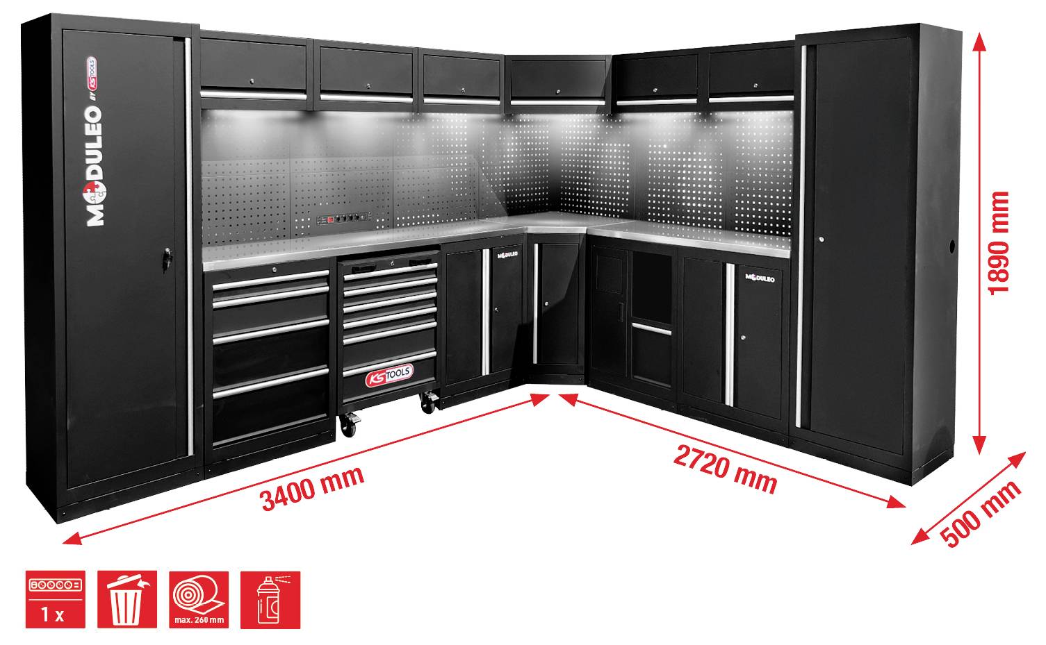 Ein schwarzes modulares Garage-Lagersystem mit mehreren Schränken, Schubladen und einer Lochwand. Beschriftete Abmessungen: 3400 mm und 2720 mm.