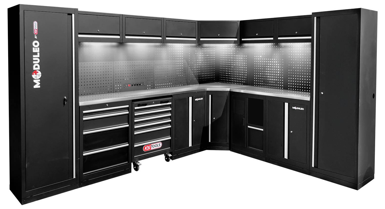 Schwarzes modulares Werkzeug-Lagersystem mit Schränken, Schubladen und gelochten Paneelen zur Organisation, ausgestattet mit integrierter LED-Beleuchtung.