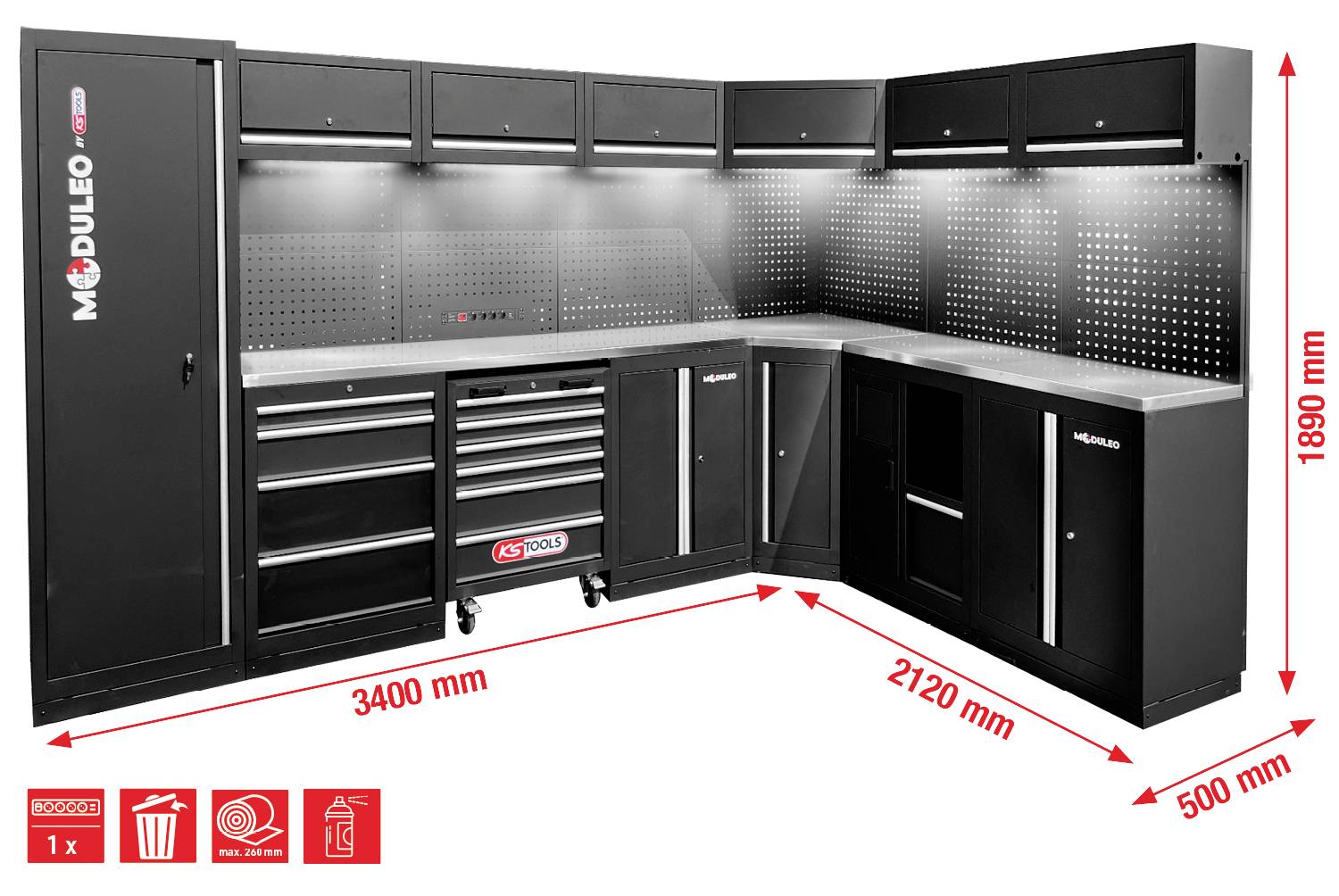 L-förmige modulare Werkstatteinrichtung mit hohen Schränken, Schubladen und einer Arbeitsplatte. Abmessungen: 3400mm x 2120mm x 1890mm. Matte schwarze Oberfläche.