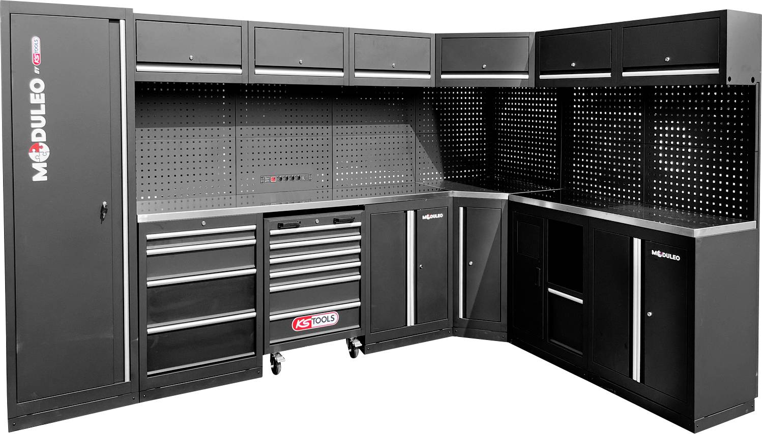 Schwarzes modulares Garage-Lagersystem mit mehreren Schränken, Schubladen und einer Lochtafel, mit 'Moduleo'- und 'KS Tools'-Branding.