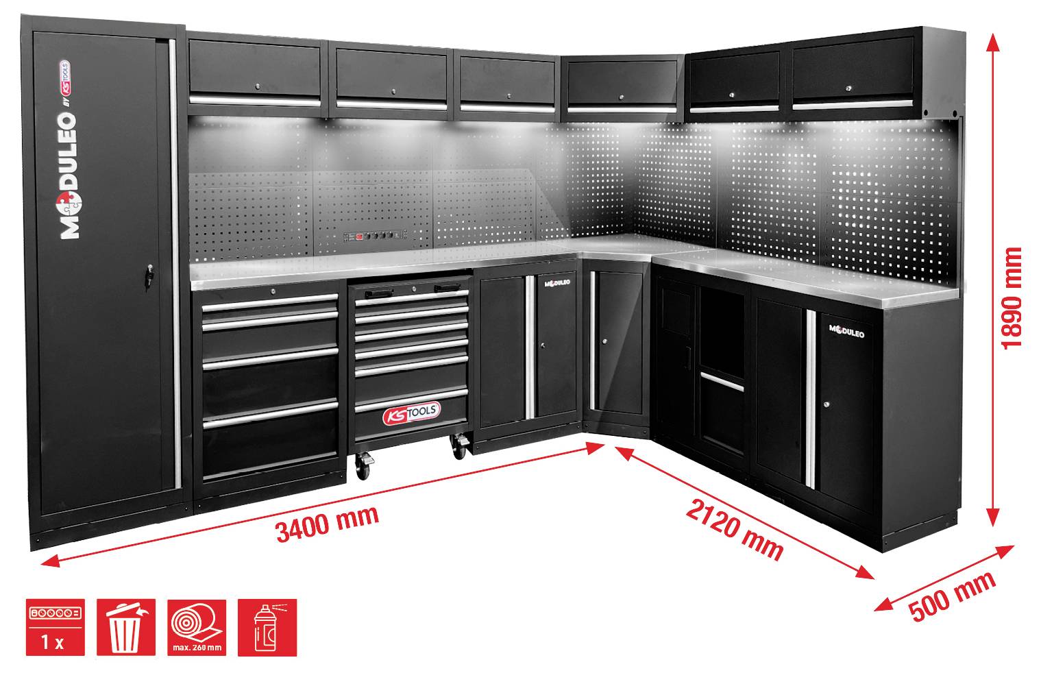 Schwarzes L-förmiges modulares Garagensystem mit Aufbewahrungsschränken, Werkzeugschubladen und einer Lochplatte. Inklusive Höhen- und Längenmessungen.