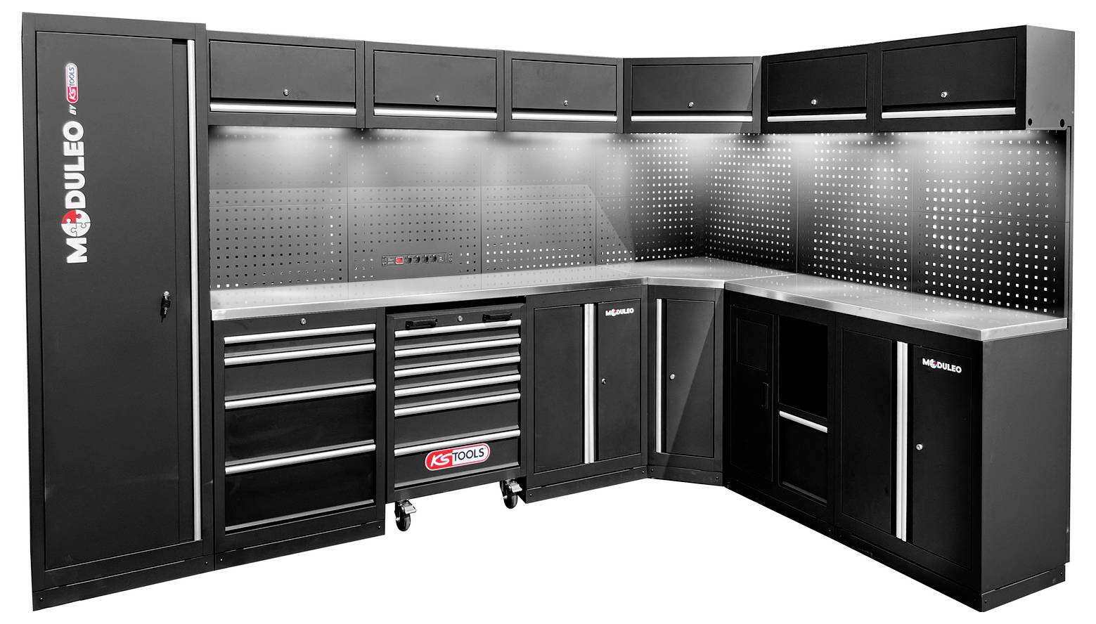 Ein großes schwarzes modulares Werkzeug-Lagersystem mit mehreren Schränken, Schubladen und Deckeneinheiten, ausgestattet mit Lochplattenfeldern und LED-Beleuchtung.
