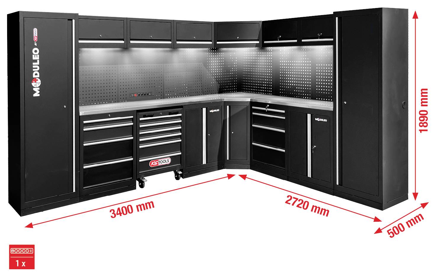 Eine Garage mit schwarzen modularen Aufbewahrungsschränken und Werkzeugschubladen. LED-Leuchten beleuchten die Arbeitsfläche. Abmessungen: 3400 mm x 2720 mm, Höhe 1890 mm, Tiefe 500 mm.