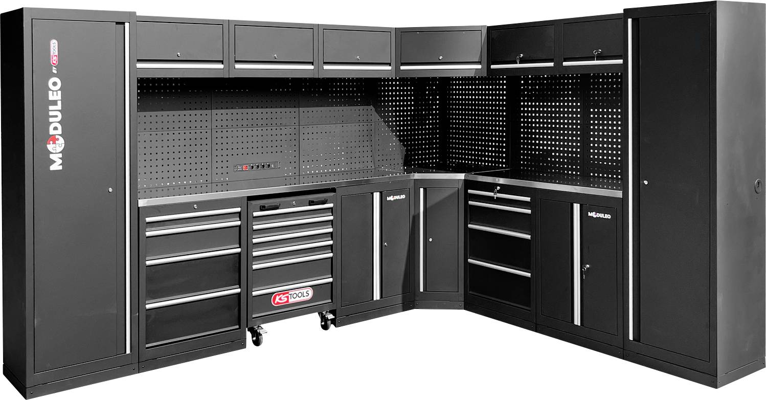 Großes schwarzes modulares Werkzeug-Lagersystem mit verschiedenen Schränken, Schubladen und einem mittleren rollenden Schrank. Jede Einheit hat ein schlankes, modernes Design.