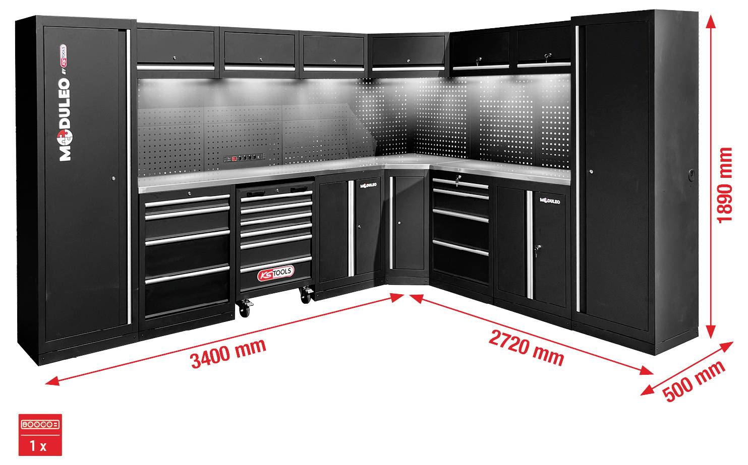 Moduleo Schwarz-Metall-Werkstattschrank-Set mit Werkzeugschubladen und Lochplatte, Maße 3400 mm x 2720 mm x 1890 mm.