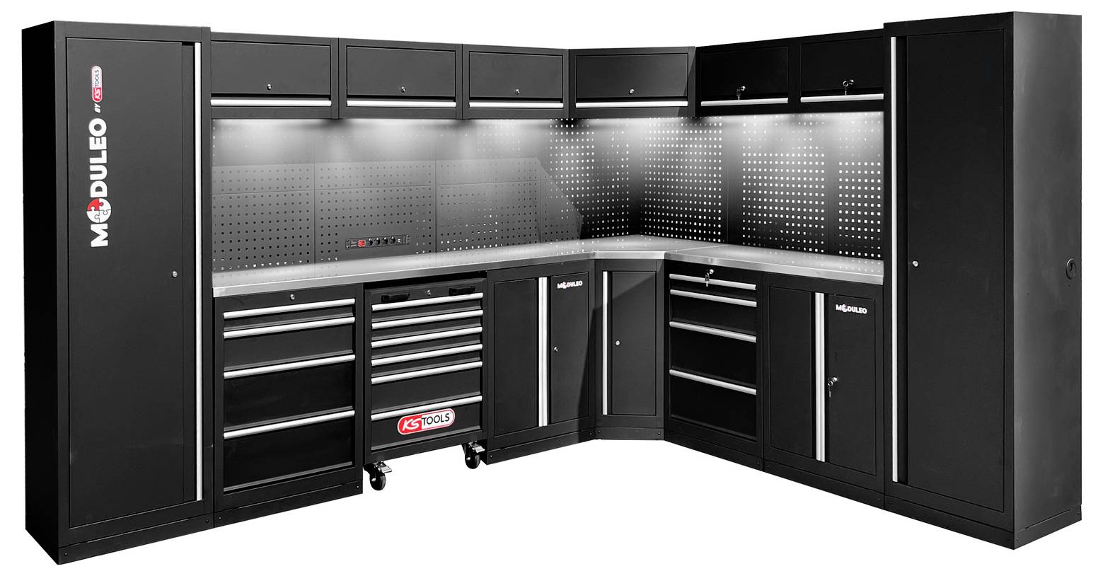 Ein modulares Garage-Lagersystem mit schwarzen Schränken, Schubladen und Lochplatten. Primär entwickelt zur Werkzeugorganisation und Arbeitsplatzoptimierung.