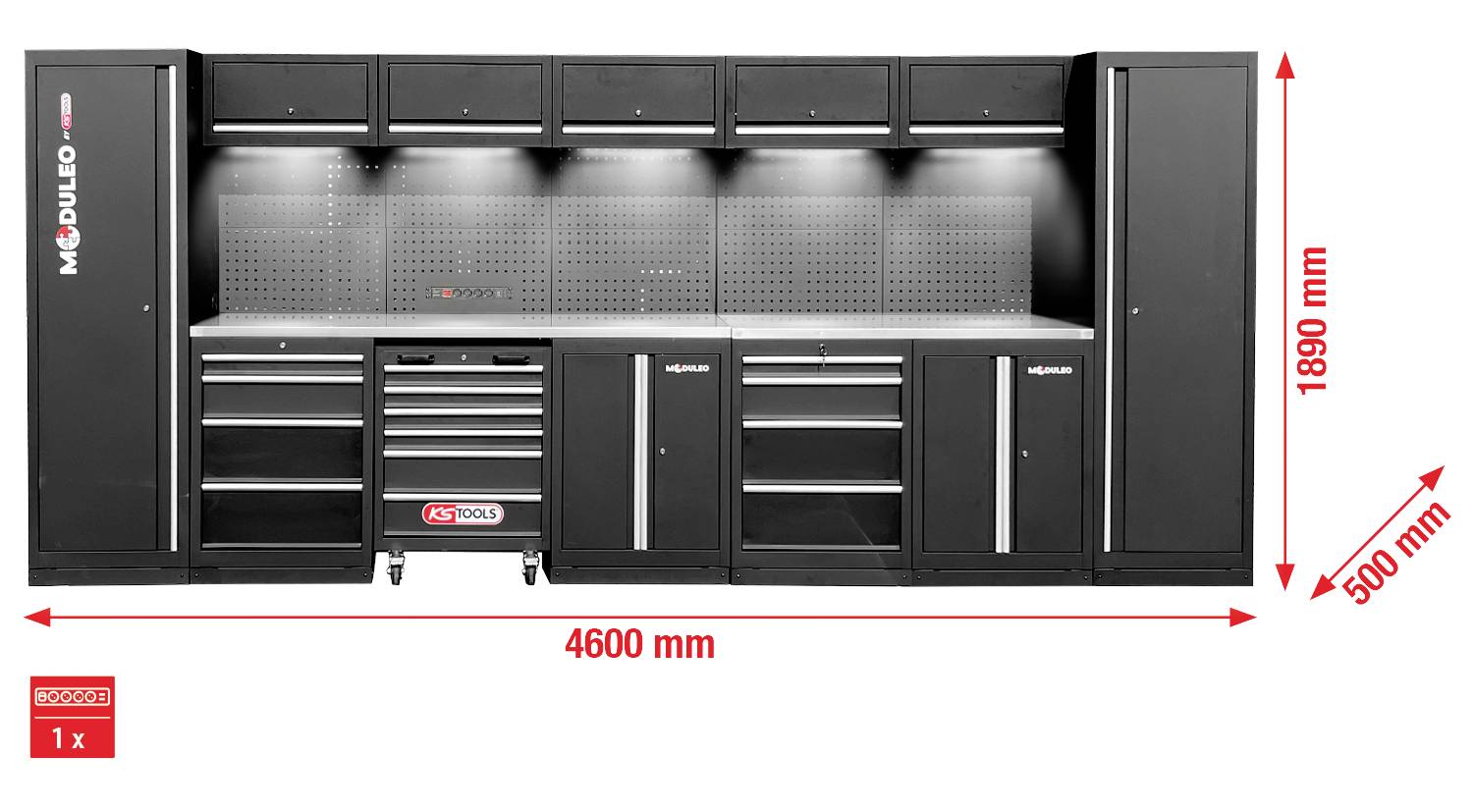 'MODULEO' markierte schwarze modulare Werkzeug-Aufbewahrungssystem mit Überkopfschränken, Seitenschränken und Schubladen. Abmessungen: 4600 mm breit, 1890 mm hoch und 500 mm tief.
