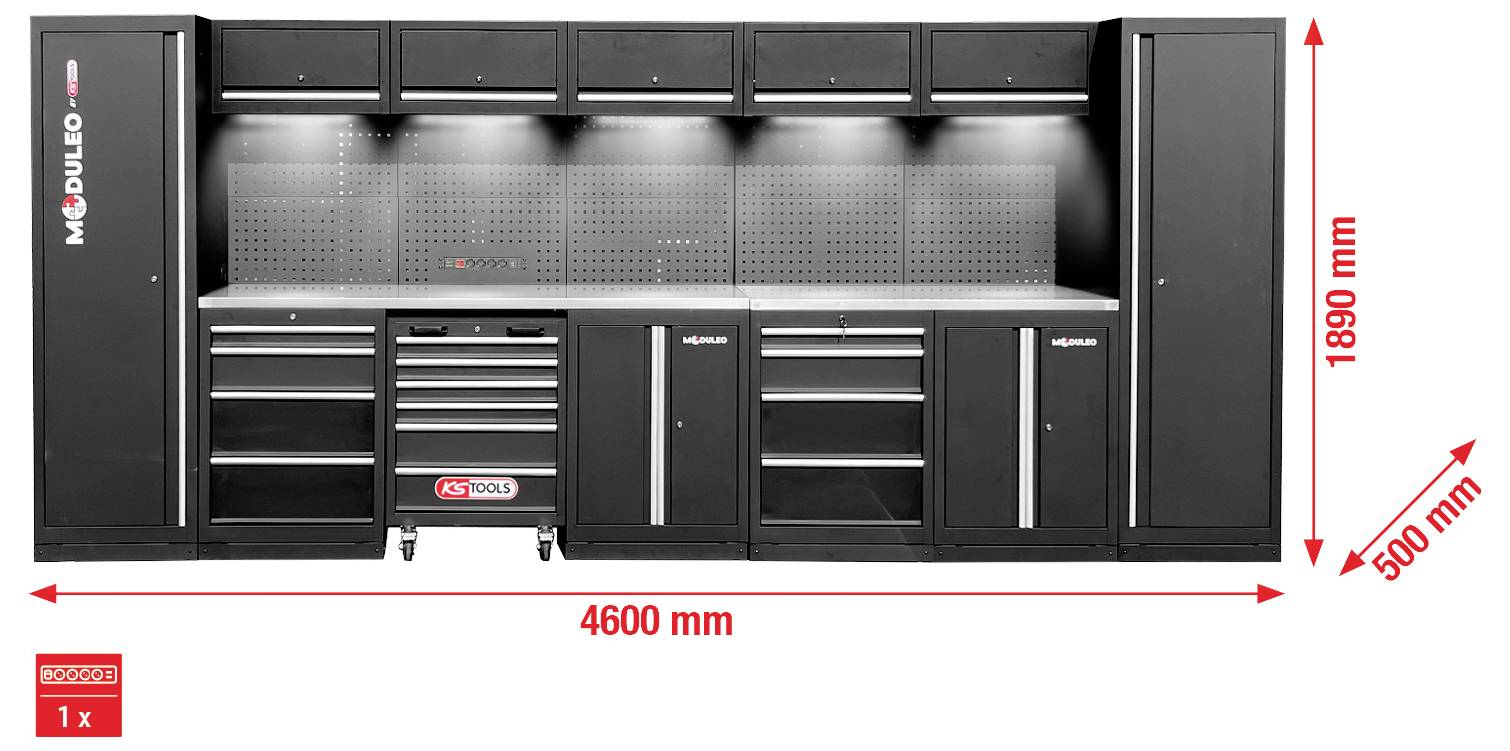 Ein schwarzer modularer Werkzeugschrank-Satz mit sechs Oberflächenkompartimenten, Schubladen und Lagerbereichen. Abmessungen: 4600 mm breit, 1890 mm hoch, 500 mm tief.