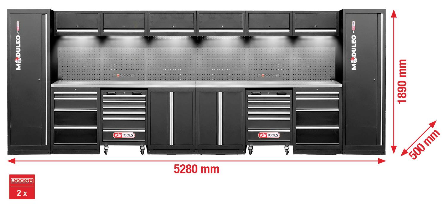 Großes schwarzes modulares Werkzeug-Lagersystem mit mehreren Schränken und Schubladen, mit einer Breite von 5280 mm und einer Höhe von 1890 mm sowie einer Tiefe von 500 mm.