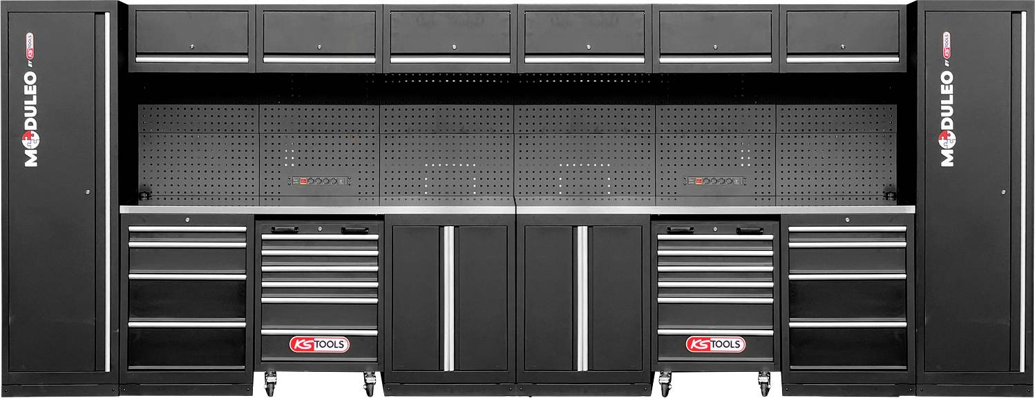 Schwarzes Modulo-Schranksystem mit mehreren Schubladen und Lagereinheiten, ausgestattet mit Lochwänden und ACS Tools-Markenlogos an den Seiten.