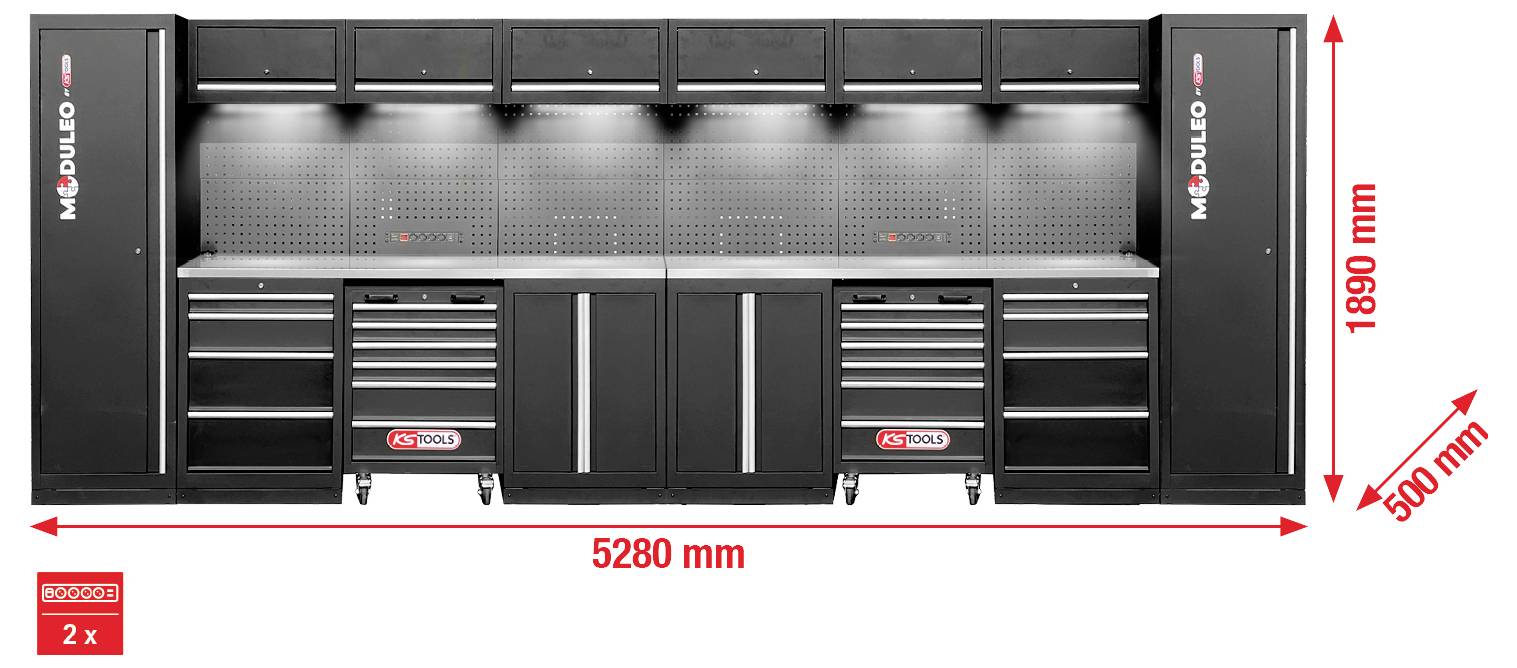 Werkstatt-Lagereinrichtung mit schwarzen Schränken und Werkzeugkästen, gekennzeichnet mit 'MODULEO'. Abmessungen angegeben: 5280 mm breit, 1890 mm hoch, 500 mm tief.