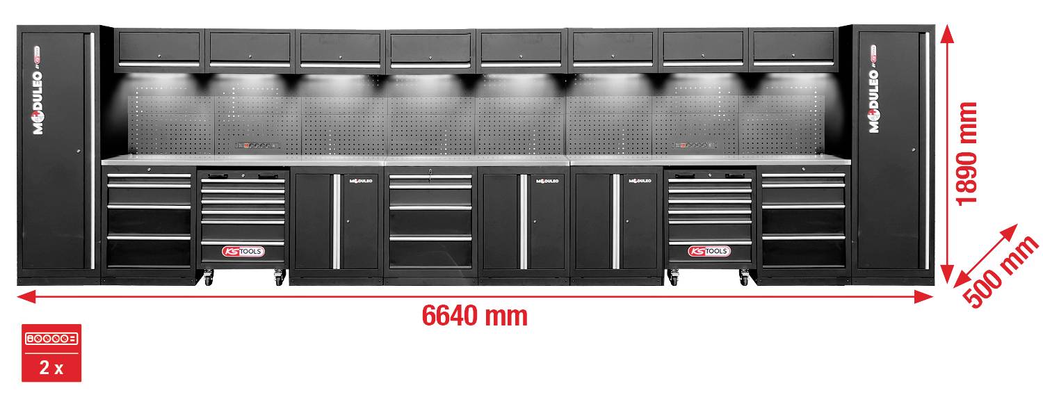 Ein modulares Garage-Lagersystem mit mehreren Schränken, Schubladen und Regalen, mit den Maßen 6640 mm Breite, 500 mm Tiefe und 1890 mm Höhe.