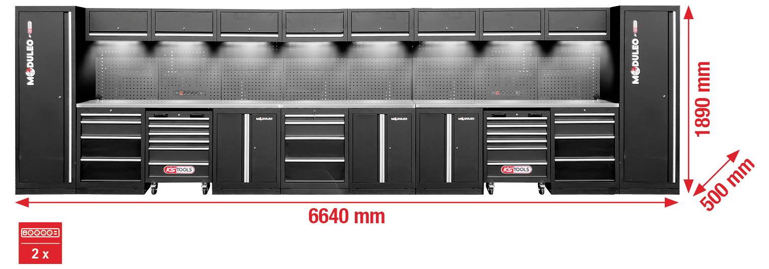 'Moduloo' schwarzes Garagen-Lagersystem mit mehreren Schränken und Schubladen. Abmessungen: 6640 mm breit, 1890 mm hoch, 500 mm tief.