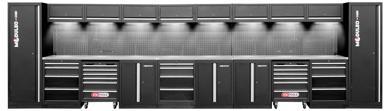 Schwarzes modulares Werkzeug-Lagersystem mit sechs oberen Schränken, mehreren Schubladen und zwei vertikalen Schränken. Markennamen 'Modulo' und 'AX Tool' auf den Einheiten sichtbar.