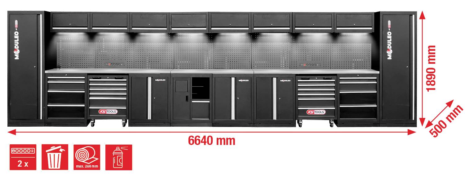 Modulare Werkzeugarbeitsstation mit Schränken, Schubladen und Regalen. Misst 6640 mm breit, 500 mm tief und 1890 mm hoch, mit Lagermöglichkeiten.
