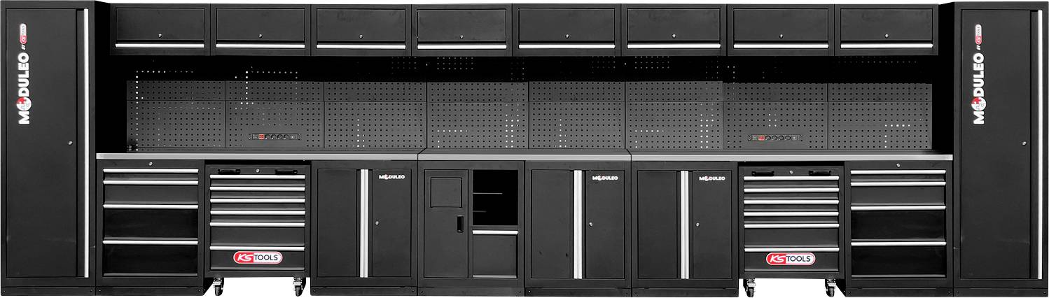 Ein großes modulares Garagenlagersystem mit mehreren schwarzen Schränken und Schubladen, beschriftet mit 'Modulo'. Geeignet zur Organisation von Werkzeugen und Ausrüstung.