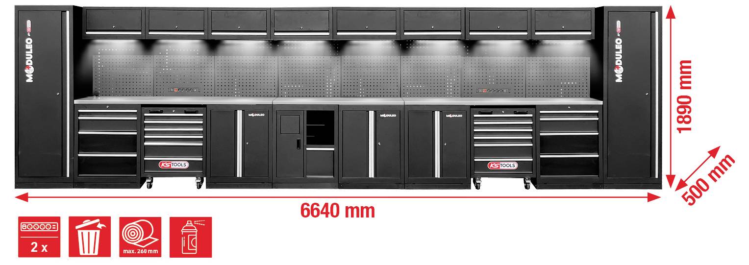 Modulares Lagersystem 'METALICO' für Garagen mit Regalen, Schränken und Schubladen, misst 6640 mm in der Breite und 1890 mm in der Höhe.