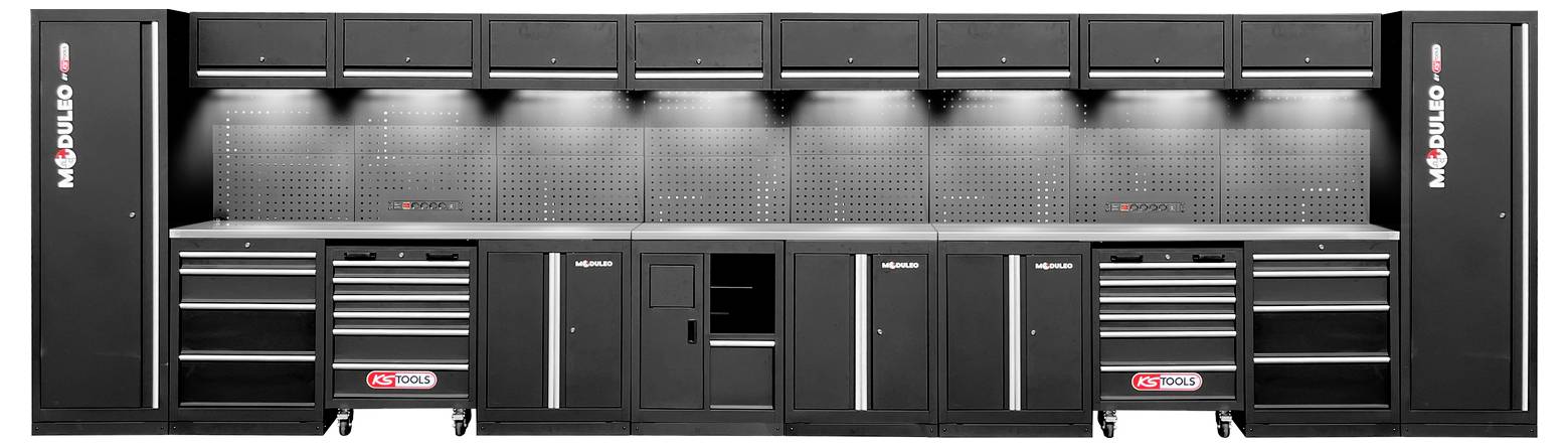 Ein großes schwarzes modulares Werkzeug-Lagersystem mit mehreren Schränken, Schubladen und Überkopf-Ablagen. Zwei '65 Tools' Logos sind sichtbar.