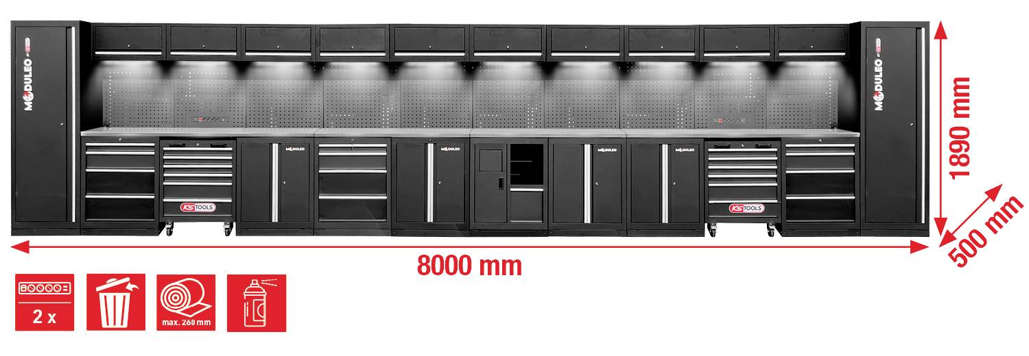 Schwarzes modulares Garagen-Aufbewahrungssystem mit Schränken, Schubladen und großer Lochplatte; Abmessungen: 8000 mm breit, 500 mm tief, 1890 mm hoch.