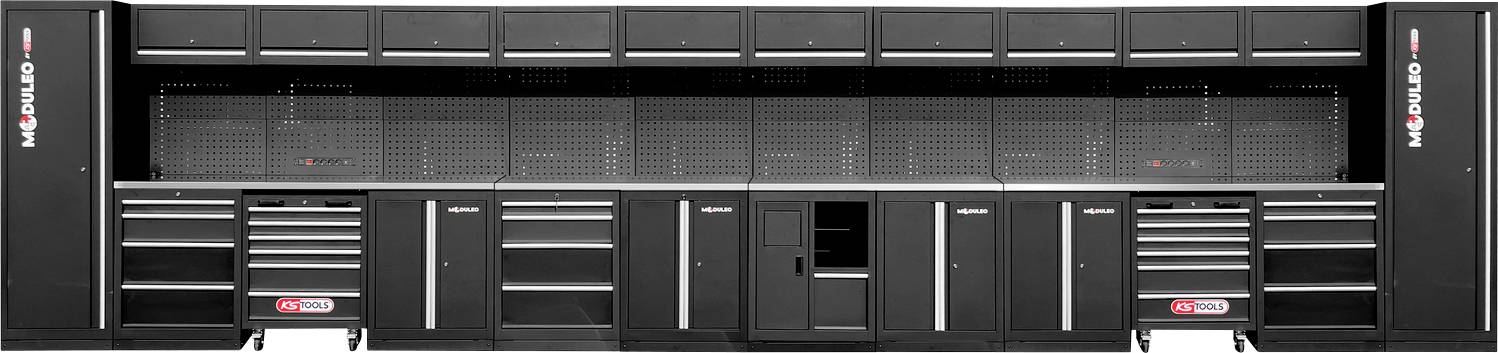 Ein langer schwarzer Werkzeugschrank mit mehreren Stauraumbereichen, Schubladen und Regalen, der entwickelt wurde, um Werkzeuge und Ausrüstung effizient zu organisieren.