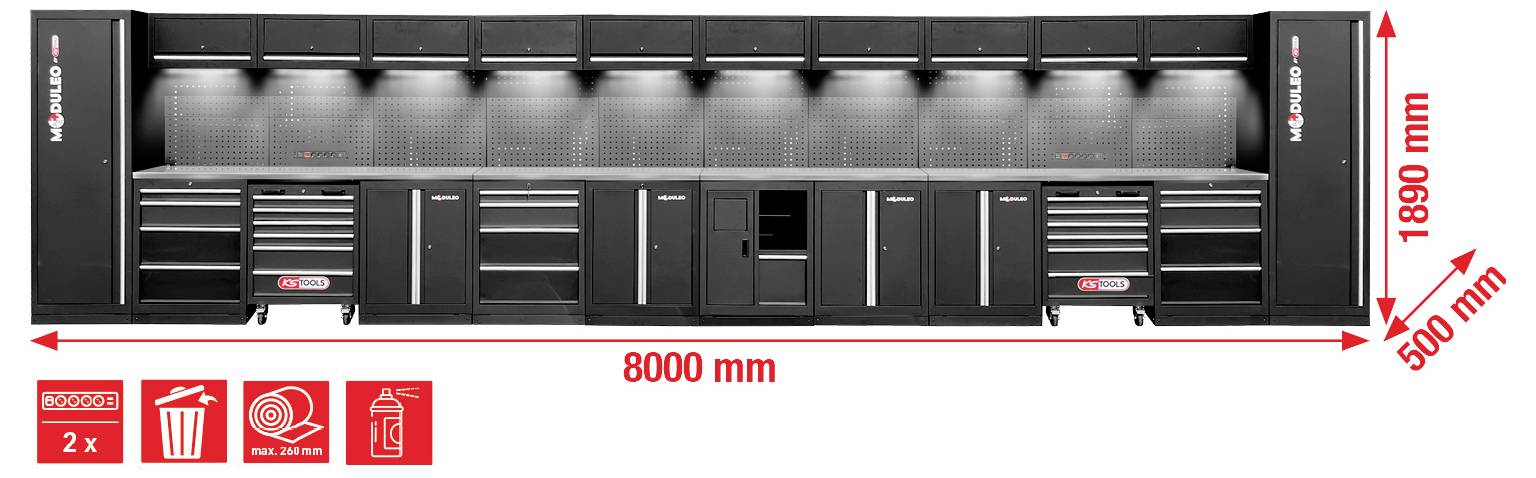 Eine lange Garage-Aufbewahrungseinheit mit mehreren schwarzen Schränken, Schubladen und einer Lochplatte, die 8000 mm lang, 1980 mm hoch und 500 mm tief ist.