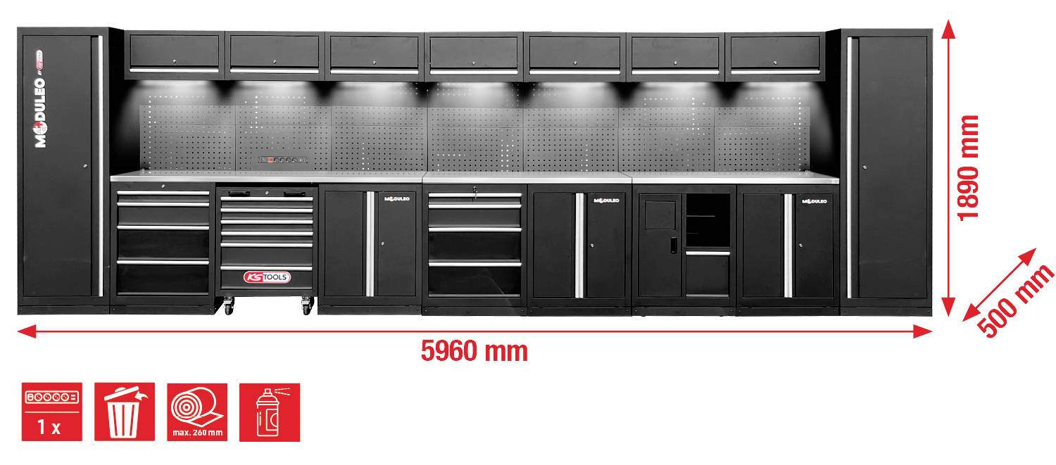 Ein großes modulares Garagenschranksystem mit Überkopf-Stauraum, mehreren Schubladen und Regalen. Abmessungen: 5960 mm breit, 1890 mm hoch, 500 mm tief.