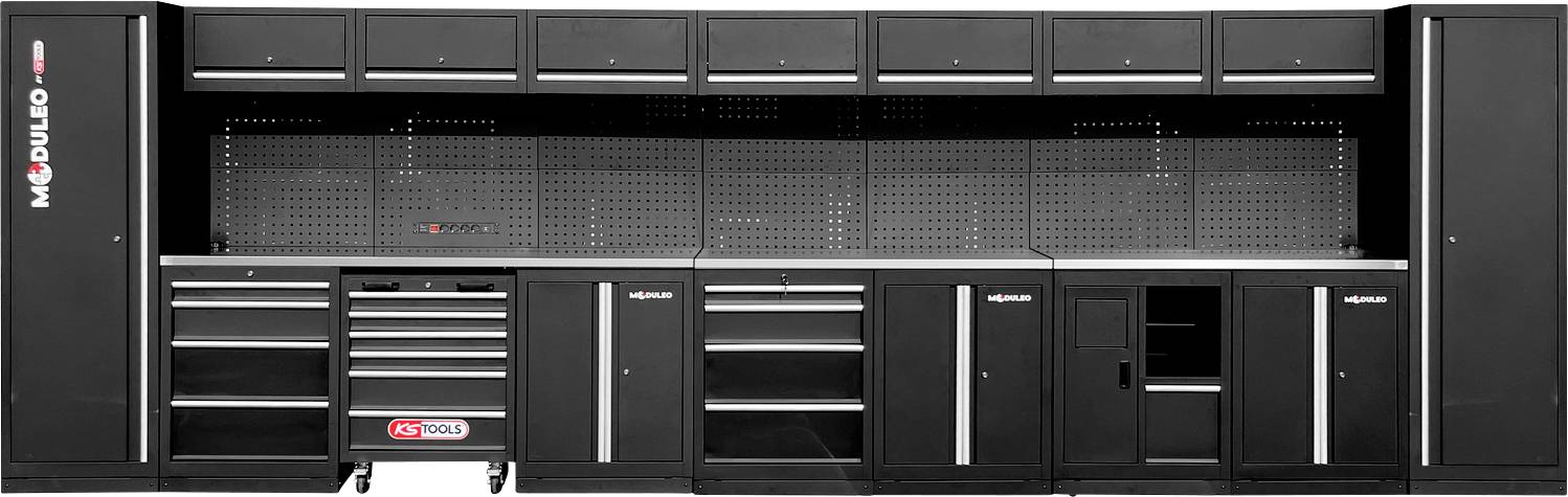 Großes schwarzes modulares Garagen-Lagersystem mit mehreren Schränken, Schubladen und einer gelochten Rückwand zur Organisation.