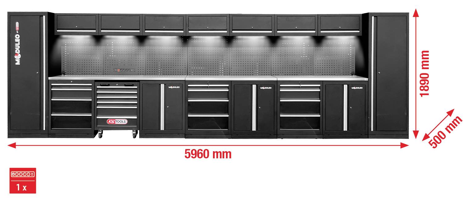 Hohe schwarze modulare Garage-Aufbewahrungssystem mit Regalen, Lochplatte und zwei hohen Schränken. Abmessungen: 5960 mm breit, 1890 mm hoch, 500 mm tief.