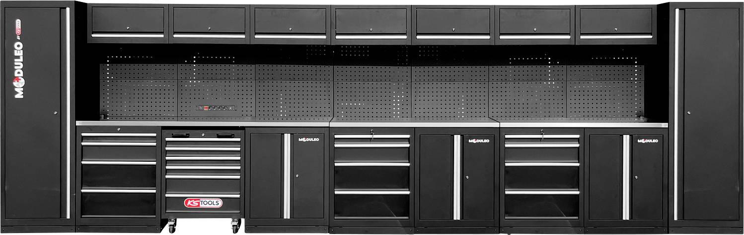 Ein modulares Garage-Lagersystem mit schwarzen Schränken und Schubladen, ausgestattet mit einer Lochplatte zur Werkzeugorganisation und reichlich Stauraum.