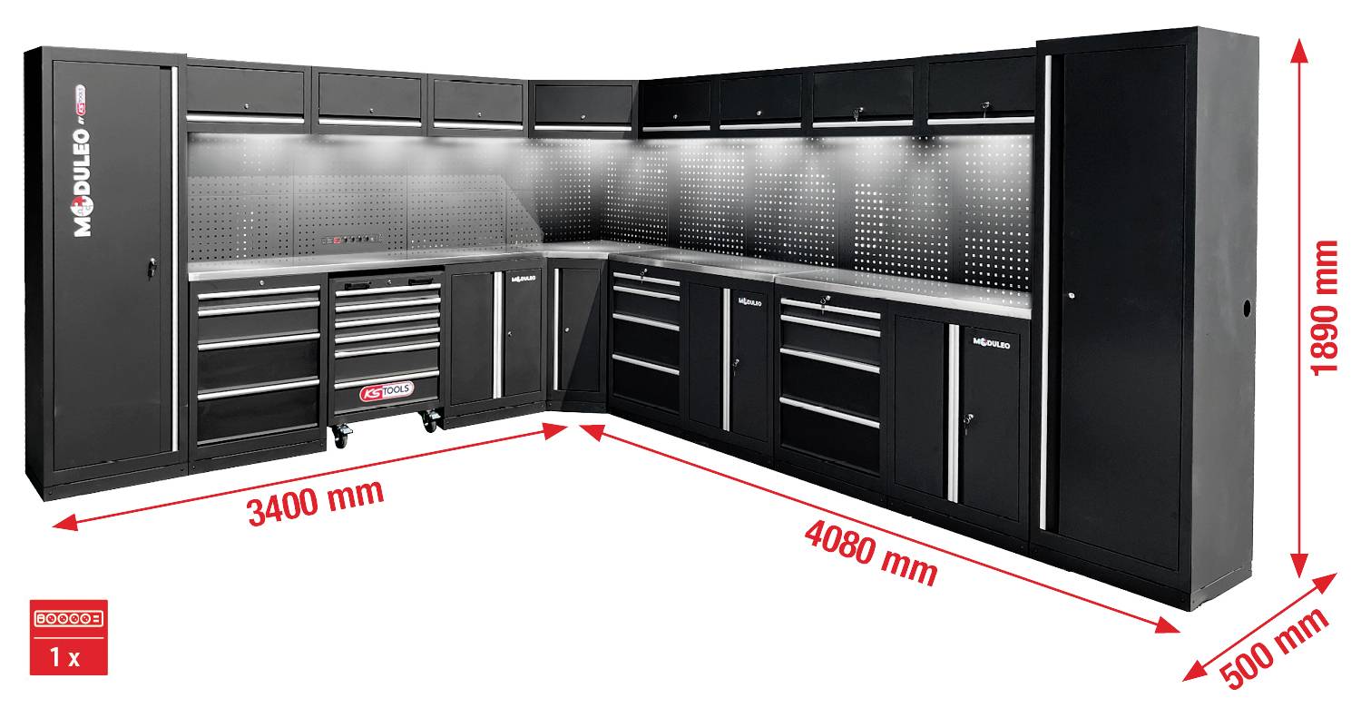 L-förmiges modulares Garagenschranksystem mit Schubladen und Regalen. Abmessungen markiert: 3400 mm (linkes Segment), 4080 mm (rechtes Segment), 500 mm (Tiefe), 1890 mm (Höhe).