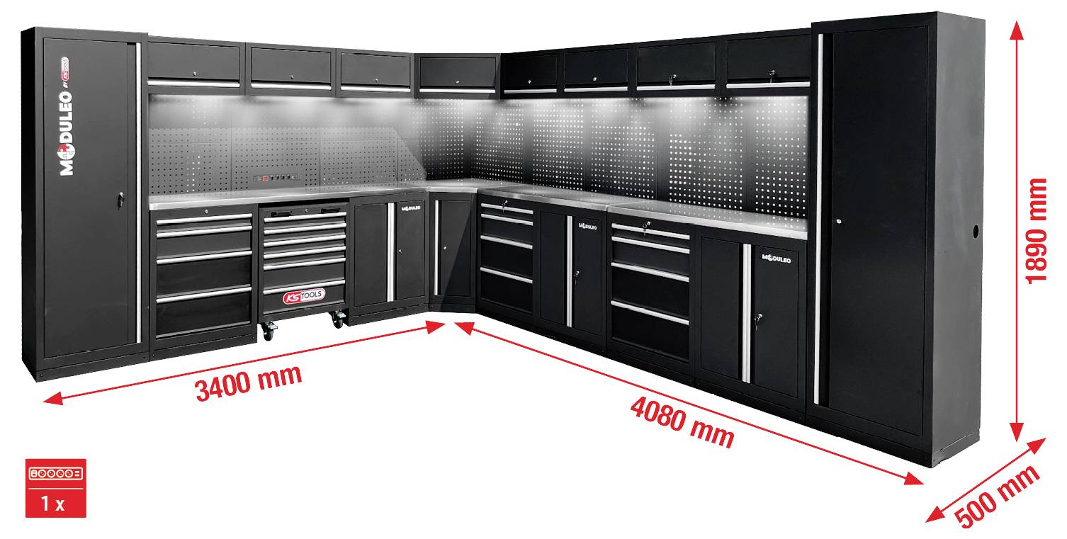 KS Tools 866.6280 Werkstatt-Schranksystem, L-Form, 3400 x 4080 mm, Variante 2 (B x H x T) 3400 x 1890 x 500mm