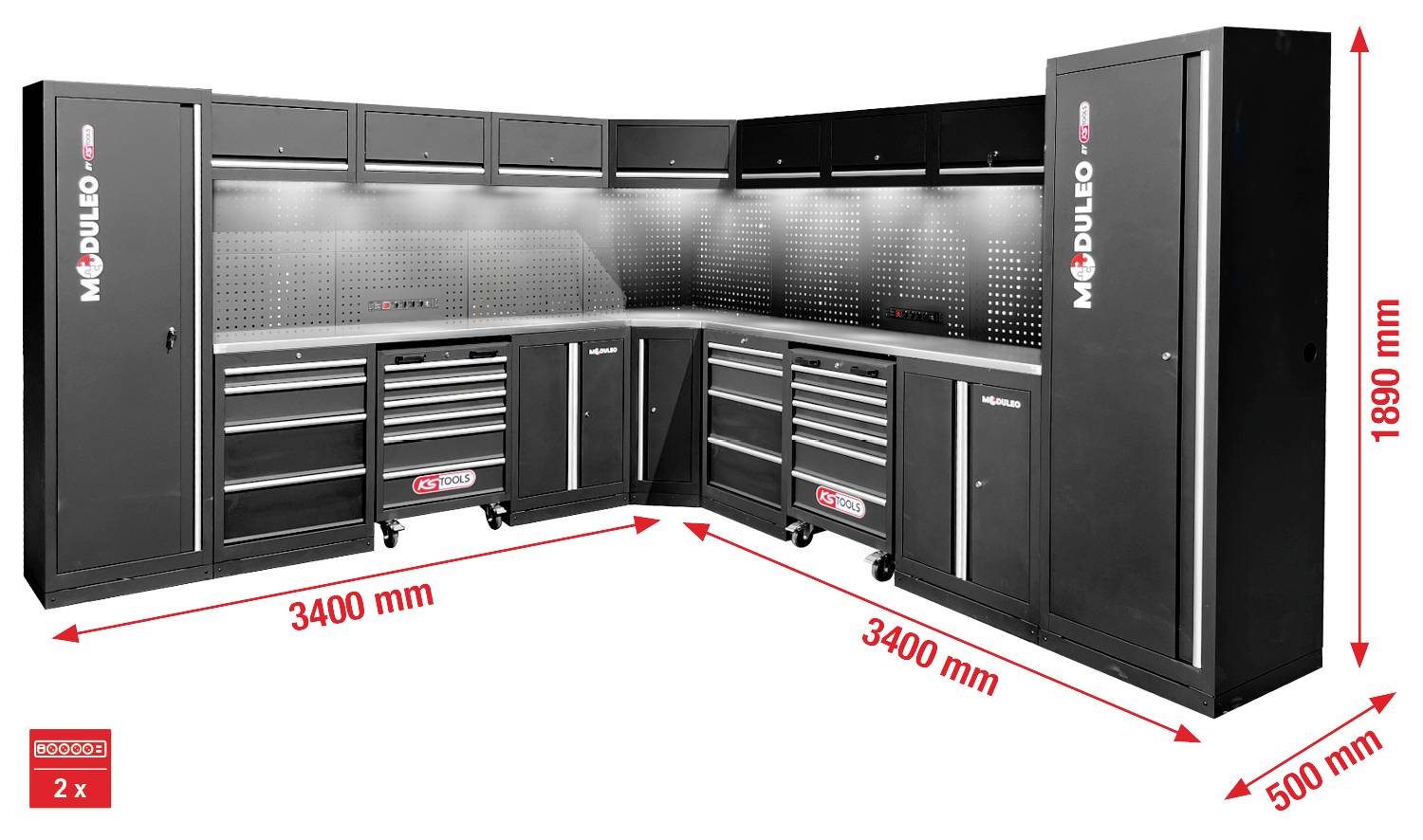 Ein schwarzes modulares Garagenlagersystem mit mehreren Schränken, Schubladen und einer gelochten Rückwand, misst 3400 mm x 3400 mm und ist 1890 mm hoch.