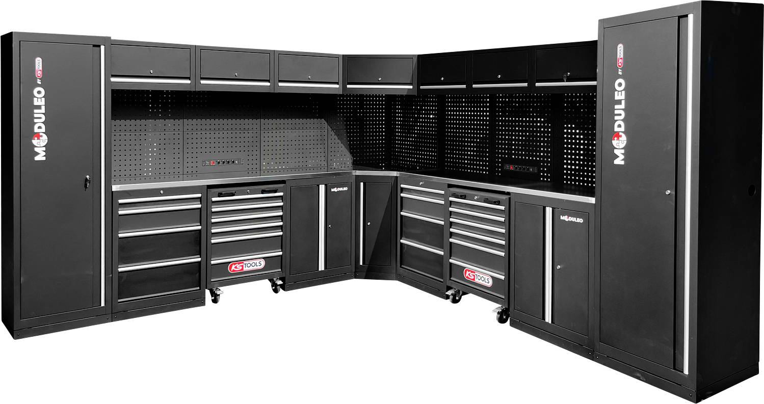 Ein modulares schwarzes Werkzeugschranksystem mit mehreren Schubladen, Regalen und hohen Lagereinheiten, gekennzeichnet mit 'Modulo' und 'GS Tools'.