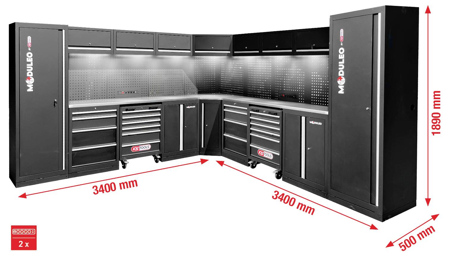 'Modulo' modulares Garagenlagersystem umfasst hohe Schränke, Werkzeugschubladen und Hängeschränke in Schwarz. Abmessungen: 3400 mm Breite, 1890 mm Höhe.